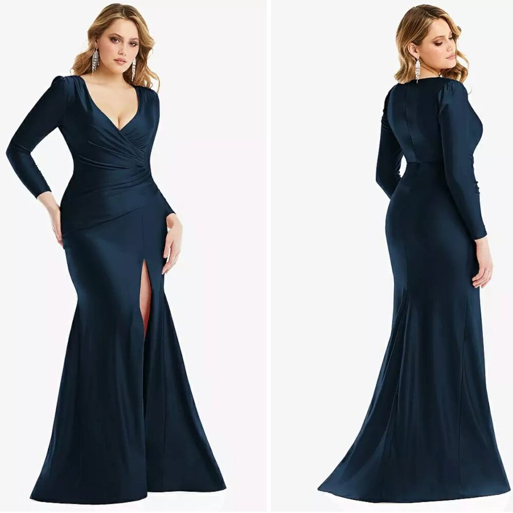Dessy Cynthia & Sahar Draped Wrap Stretch‎ Satin Mermaid Dress Midnight XXS NWT